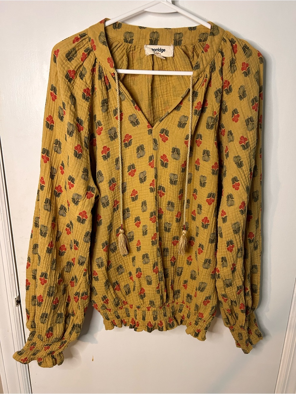 ANTHROPOLOGIE PORRIDGE ELISABETH PEASANT BLOUSE WITH RED FLOWERS SZ LG